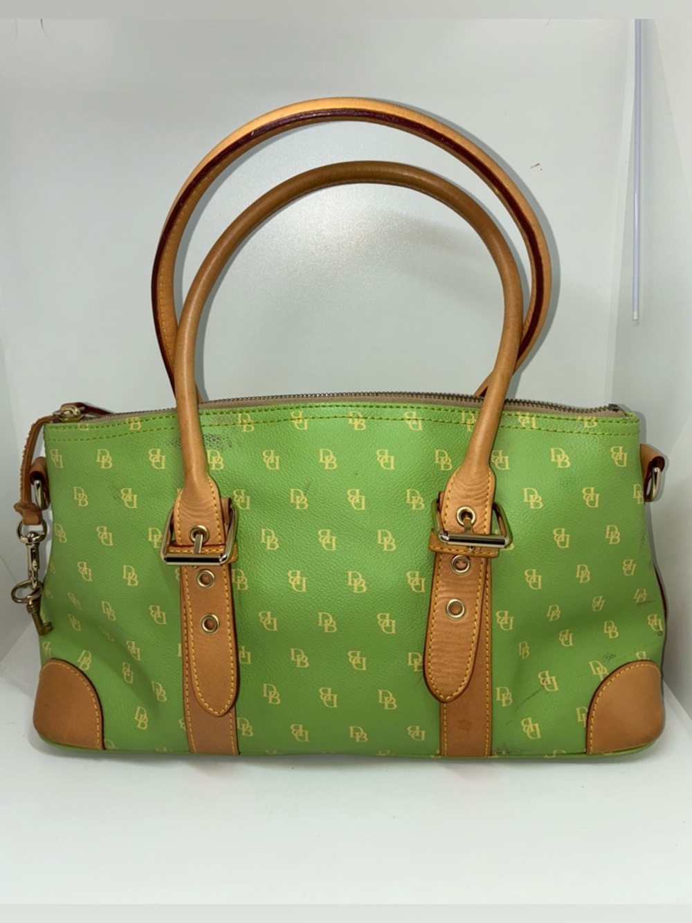Vintage Dooney & Bourke Green DB monogram Satchel with Tan Leather Trim
